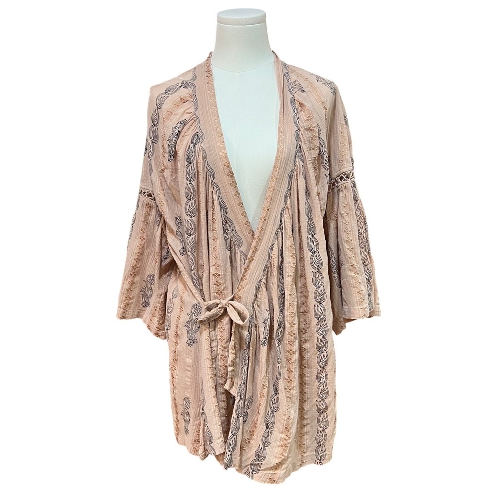 Free People New Romantics Pink Cotton Gauze Embroidered Kimono Wrap Top Small - Picture 9 of 12